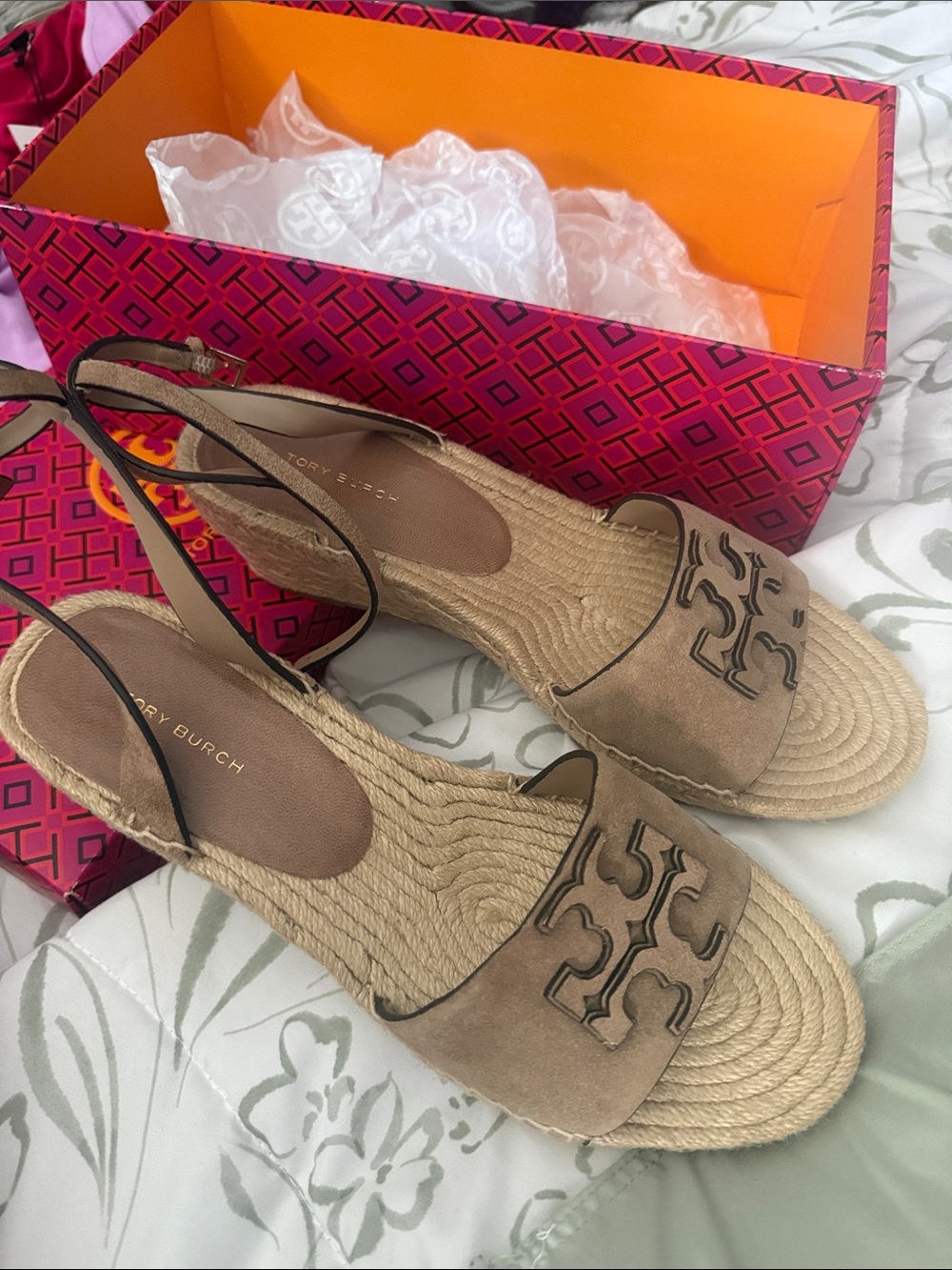 Tory Burch Taupe Suede Espadrille Slingback Sandals